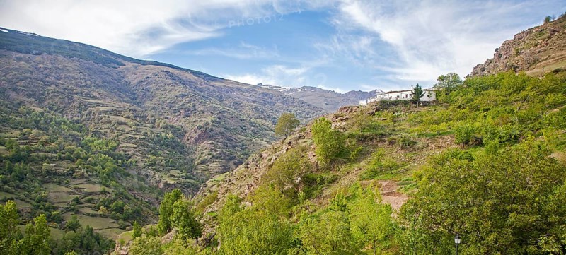 View of Poqueira gorge and Sierra Nevada mountains, High Alpujarras, Sierra Nevada, Granada province, Spain, Europe