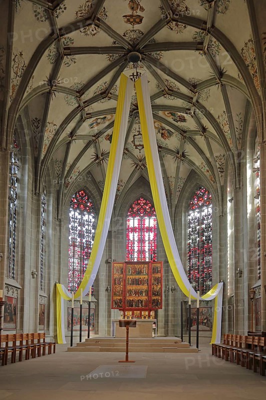 UNESCO Romanesque Church of St Mary and St Mark, interior view, chancel with high altar and stained glass window, banner, cathedral, Mittelzell, Reichenau Island, Untersee, Lake Constance, Lake Constance region, Baden-Württemberg, Germany, Europe