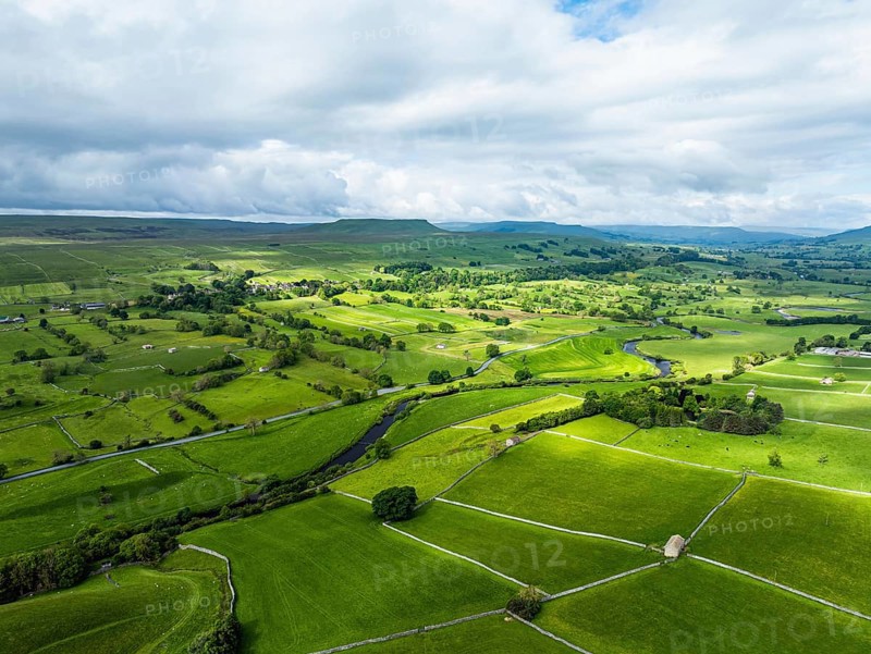 Farms and Fields over Yorkshire Dales National Park from a dron, North Yorkshire, England, United Kingdom, Europe