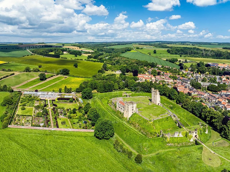 Helmsley Castle from a drone, North York Moors National Park, North Yorkshire, England, United Kingdom, Europe
