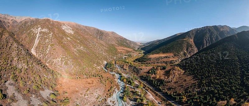 Aerial view, mountain stream Ala Archa flows through the Ala Archa valley, autumnal mountain landscape, Ala Archa National Park, Khirgiz Ala-Too Mountains, Chuy Region, Kyrgyzstan, Asia