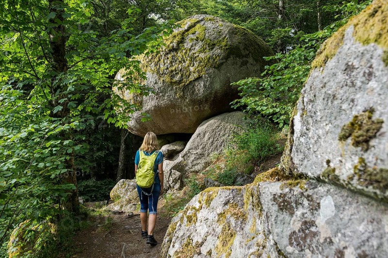 Hiker at the Solfelsen, Rickenbach, Hotzenwald, Southern Black Forest, Black Forest, Baden-Württemberg, Germany, Europe