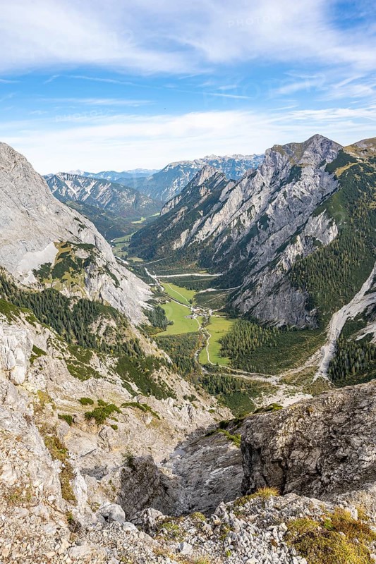 View into Falzthurntal, from the summit of Hahnkampl, in autumn, Karwendel Mountains, Alpenpark Karwendel, Tyrol, Austria, Europe