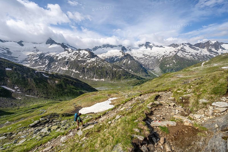 Mountaineer on hiking trail in picturesque mountain landscape, mountain peak with snow and glacier Schwarzensteinkees, Hornkees and Waxeggkees, summit Schwarzenstein, Hornspitzen and Großer Möseler, Berliner Höhenweg, Zillertal Alps, Tyrol, Austria, Europe