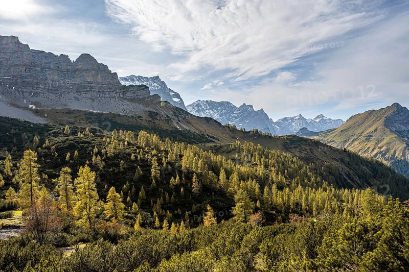 Mountain panorama with steep rocky peaks, yellow-coloured larches in autumn, hike to the summit of the Hahnkampl, Engtal, Karwendel, Tyrol, Austria, Europe