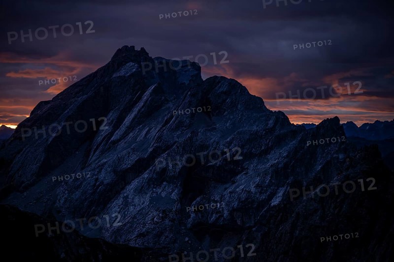 Montafon mountains with dramatic cloudy sky at sunrise, Tschagguns, Rätikon, Montafon, Vorarlberg, Austria, Europe