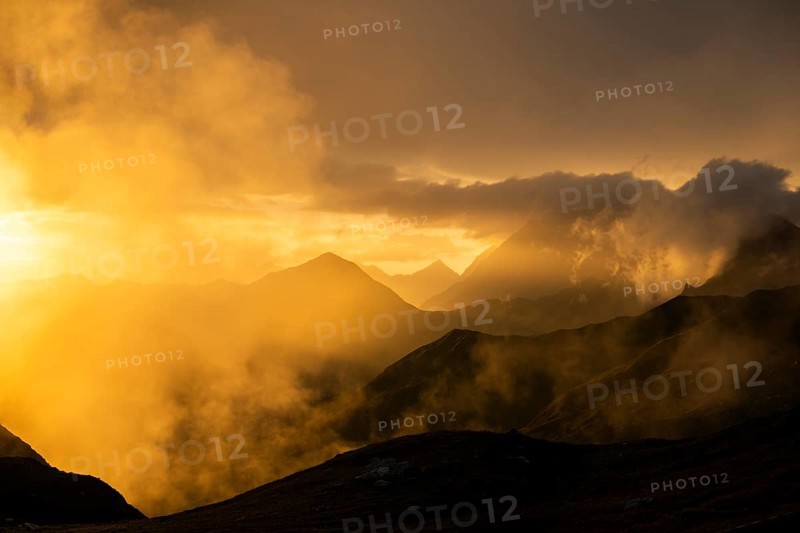 Montafon mountains with dramatic cloudy sky at sunset, Tschagguns, Rätikon, Montafon, Vorarlberg, Austria, Europe