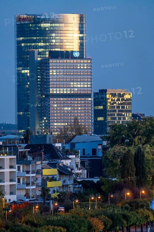 Skyline Bonn on the Rhine, in front the UNFCCC Secretariat of the Framework Convention on Climate Change, in the centre the high-rise building of the United Nations, Campus Bonn, behind it the Posttower, corporate headquarters of Deutsche Post, Rhine bank Bonn-Beuel, North Rhine-Westphalia, Germany, Europe