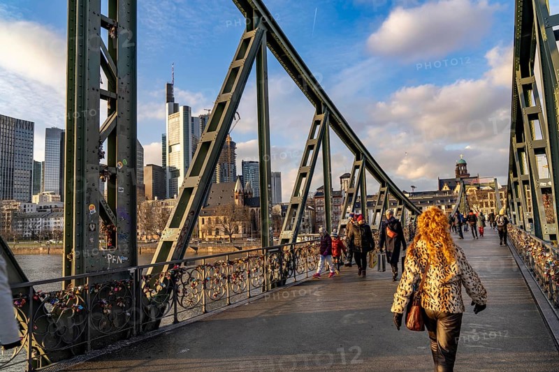 Skyline of the city centre of Frankfurt am Main, river Main, Eiserner Steg bridge, dusk, Hesse, Germany, Europe