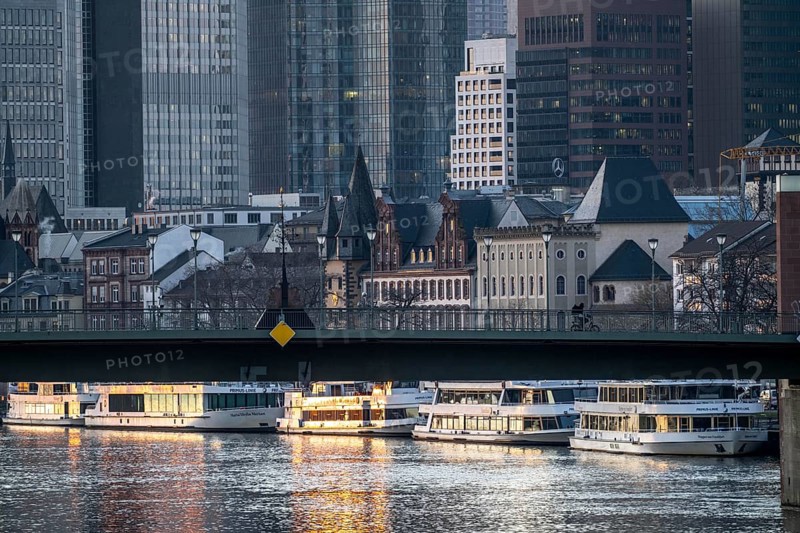 Skyline of the city centre of Frankfurt am Main, river Main, dusk, excursion boats at the Main quay, Old Bridge, Hesse, Germany, Europe
