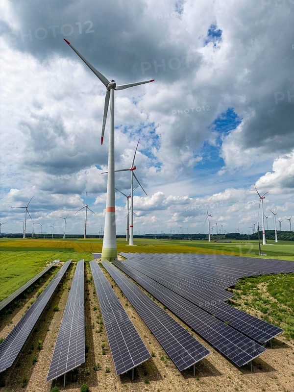 Wind farm near Marsberg, photovoltaic system, utilisation of land for renewable energies, Hochsauerlandkreis, North Rhine-Westphalia, Germany, Europe