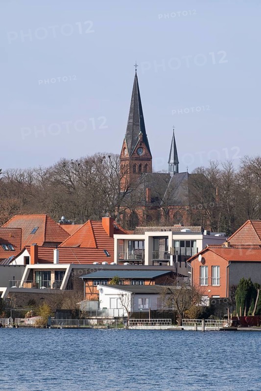 Town view at Lake Malchow with town church, Malchow, island town, Mecklenburg Lake District, Mecklenburg, Mecklenburg-Western Pomerania, Germany, Europe