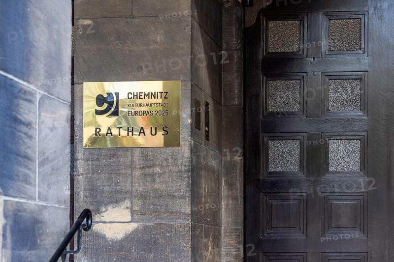 New Chemnitz City Hall, city administration. Door sign with the inscription European Capital of Culture 2025. City view of Chemnitz, Saxony, Germany, Europe