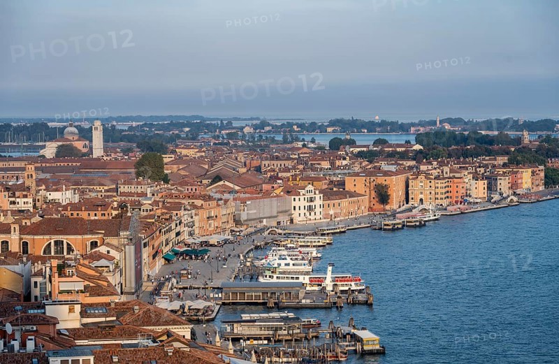 View over the roofs of Venice to the waterfront Riva degli Schiavoni, view from the bell tower Campanile di San Marco, city view of Venice, Veneto, Italy, Europe