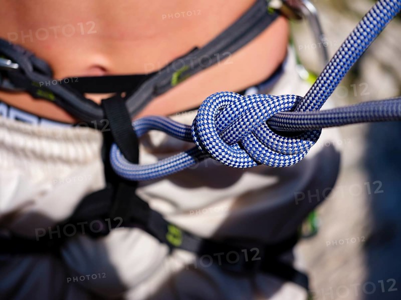 Figure of eight knot tied with a climbing rope, Belove Stene climbing area, island of Krk, Croatia, Europe