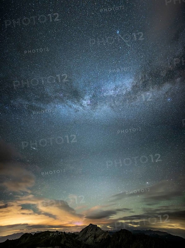 Milky Way and starry sky with Montafon mountains, Tschagguns, Rätikon, Montafon, Vorarlberg, Austria, Europe