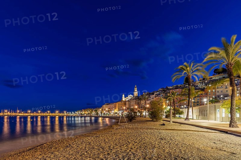 Beach and the old town of Menton by night, Mediterranean Sea, Côte d'Azur, France, Europe