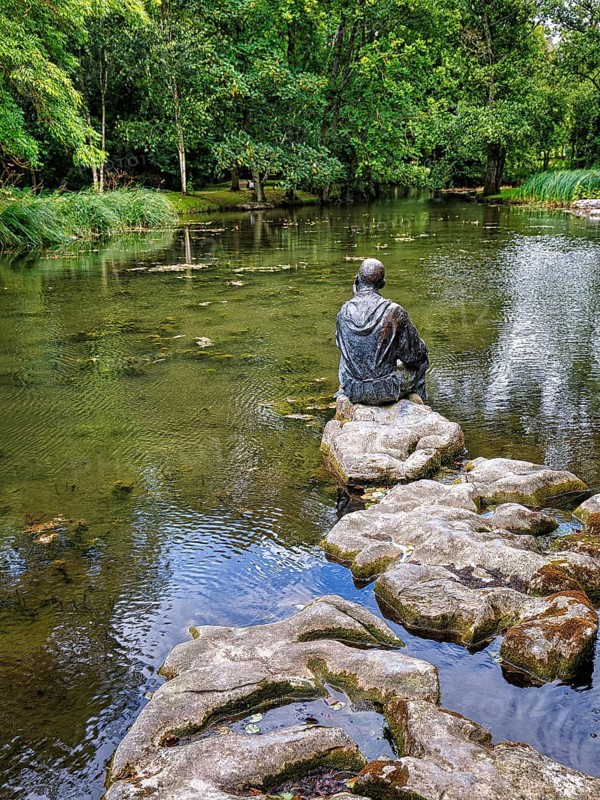 Pond with sculpture in the Garden of St Fiachra, Gardens, Irish National Stud and Gardens, The Irish National Stud, Tully, Kildare, Ireland, Europe
