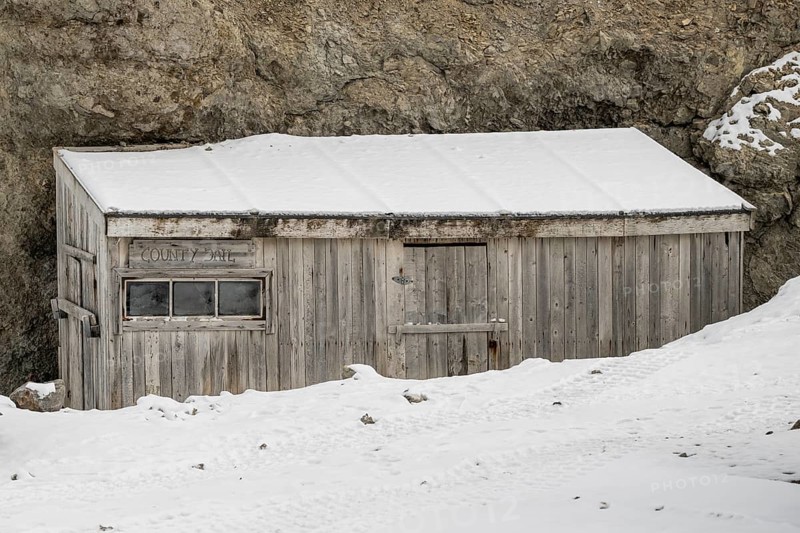 Shed labelled County Jail, prison, Ny-Ålesund, Kongsfjord, Spitsbergen Island, Svalbard and Jan Mayen archipelago, Norway, Europe