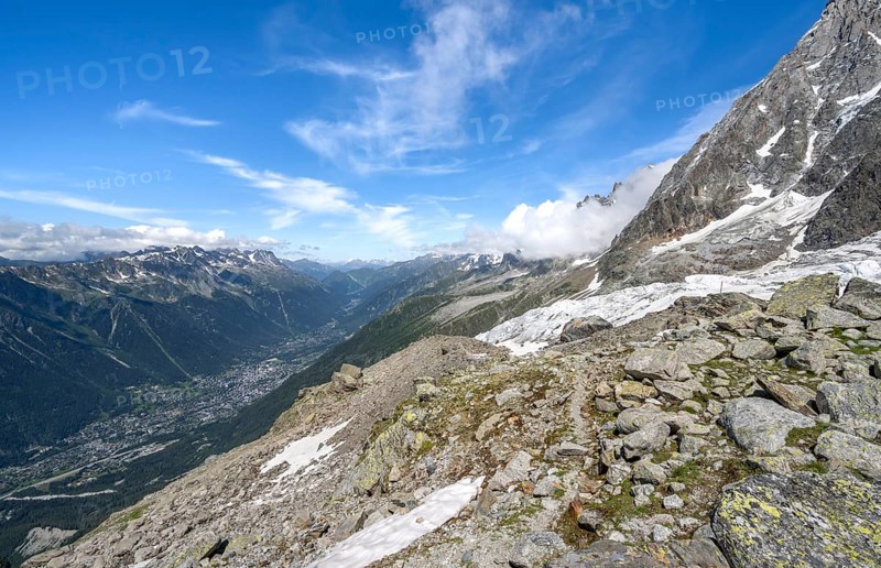 View of the valley with the village of Chamonix, La Jonction, Chamonix, Haute-Savoie, France, Europe