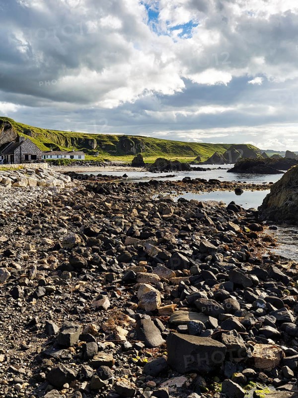 Pristine rocky coastline, coastline in summer, Ballintoy Harbour, Causeway Coastal Route, Antrim, Northern Ireland, Great Britain