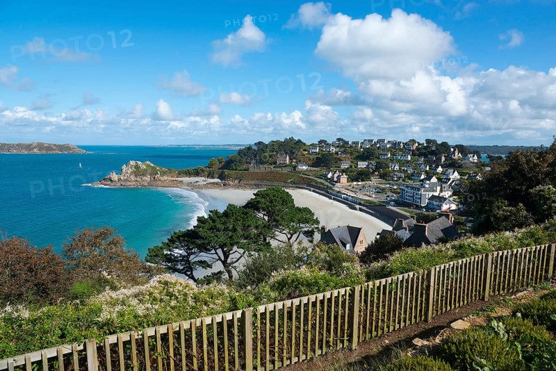 Panorama of a coastal town with houses on the beach, blue sky and trees, view of sandy beach Trestignel, Perros-Guirec, Côtes-d'Armor, Brittany, France, Europe