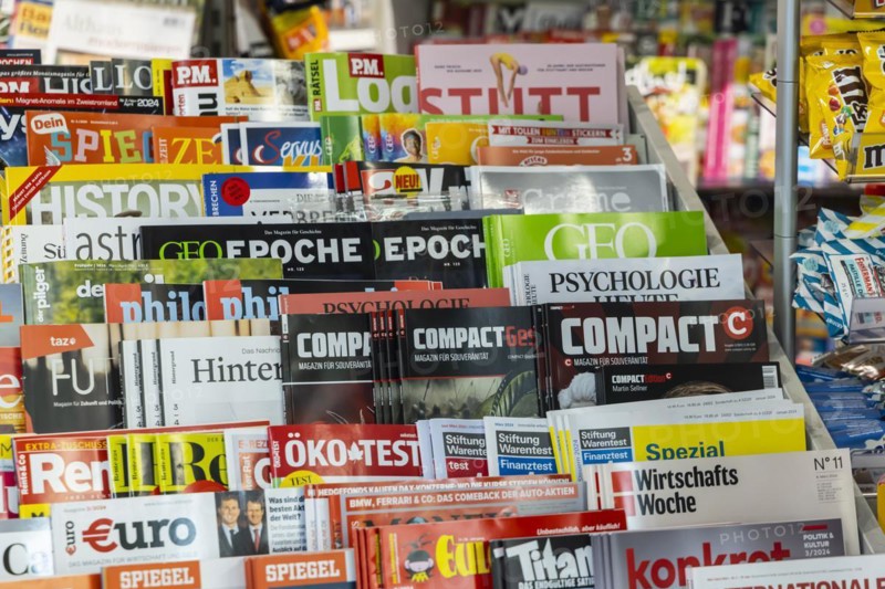 Magazine kiosk with Compact magazines. Compact is a far-right political monthly magazine in Germany. Stuttgart, Baden-Württemberg, Germany, Europe