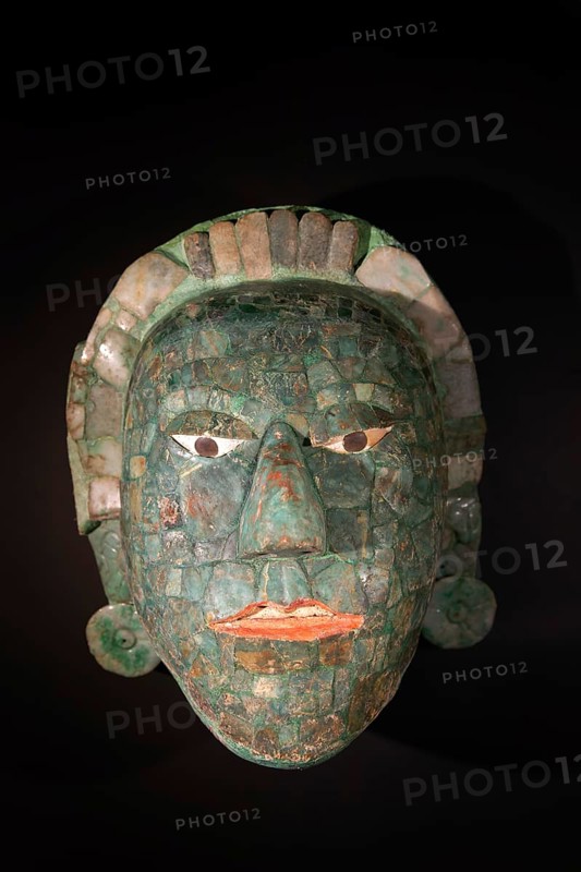 Funeral mask Yuknoom Ch'een II, Calakmul, Late Classic period, Mayan archaeological museum, Fort San Jose, Campeche, Mexico, Central America