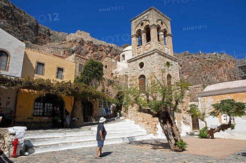 Main square of the lower town with the bell tower of the Byzantine Greek Orthodox Church of Christ Elkomenos, Monemvassia, Monemwassia, Monembasia, in the Myrtoan Sea, Laconia, Peloponnese, Greece, Europe