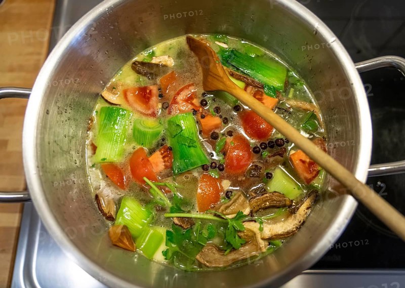 Vegetable soup, or vegetable stock, is cooked with various vegetables, which are slowly simmered with herbs and spices, later strained out, leaving behind a vegetable stock, vegetable stock for further processing, for soups, sauces, etc