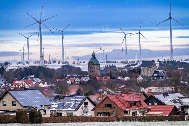 The town of Lichtenau, self-proclaimed energy town, wind farm, over 190 wind turbines and over 1200 solar panels generate 10 times as much electricity as the community of 11, 900 inhabitants consumes, largest onshore cluster of wind turbines in Germany, winter, slightly snow-covered landscape, North Rhine-Westphalia, Germany, Europe