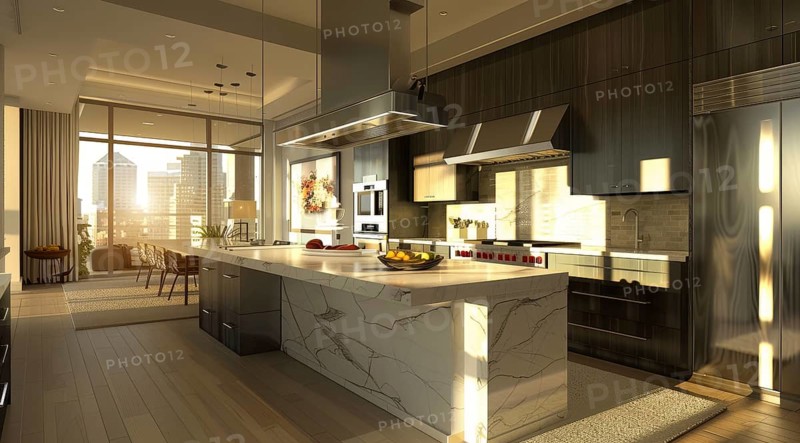 Modern kitchen with a stainless steel refrigerator and oven. Home renovation and upgrades, AI generated