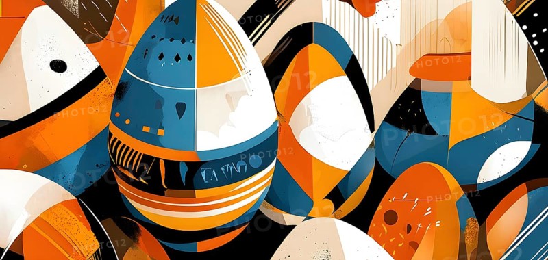 Illustration of an abstract Easter egg design with geometric patterns, bold colors, and a mix of textures, creating a modern and dynamic look, AI generated