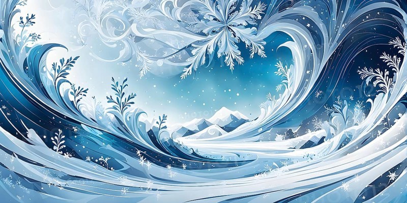 Abstract illustration of dreamy, icy landscape with swirling blues, whites, and silvers, evoking the feeling of a cold winter's breeze, AI generated