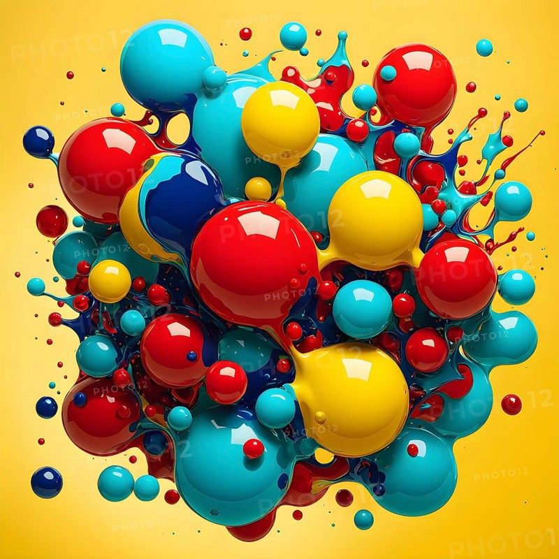 Abstract image with vibrant blue and red blobs and liquid shapes on a yellow background, AI generated