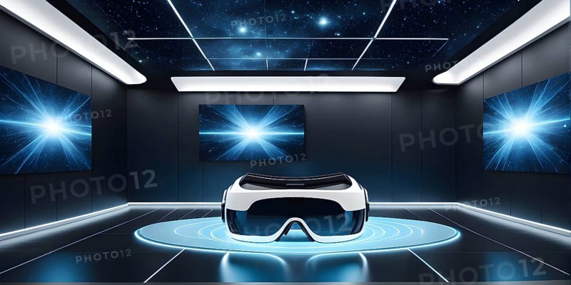 Three dimensional render of virtual reality glasses in a digital room, AI generated