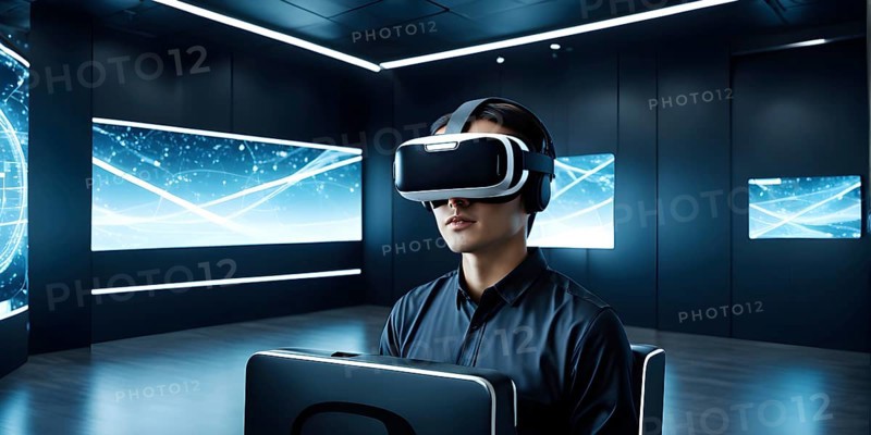 Three dimensional render of a man wearing virtual reality glasses, AI generated
