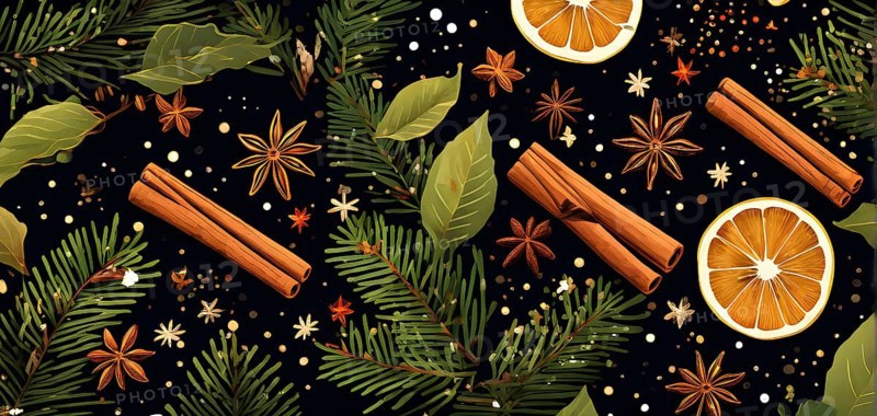 Abstract wallpaper illustration of Christmas spices like cinnamon sticks, star anise, and cloves, AI generated