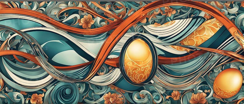A whimsical abstract pattern with intertwined ribbons, eggs, and floral motifs, with a mix of sharp and soft lines creating depth, AI generated