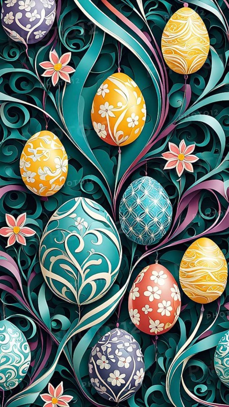 A whimsical abstract pattern with intertwined ribbons, eggs, and floral motifs, with a mix of sharp and soft lines creating depth, AI generated