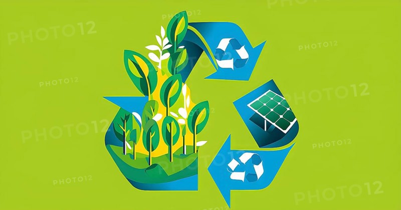 Recycling symbol morphing into growing plants and solar cells to symbolize the transformation of waste into renewable resources, AI generated