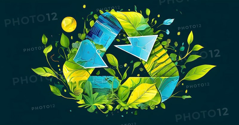 Recycling symbol morphing into growing plants and solar cells to symbolize the transformation of waste into renewable resources, AI generated