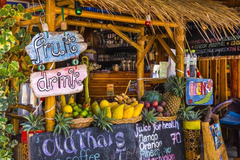 Fruit stand with cocktail, hint, board, drink, info, information, design, food, fruit, beach bar, bar, beach, tourism, gastronomy, wood, wooden sign, asian, colourful, colourful, open, travel, authentic, Ko Lanta, Thailand, Asia
