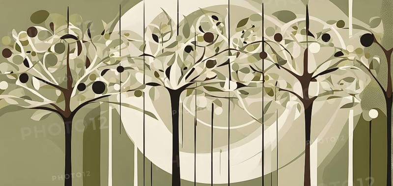 Abstract geometric tree with a circular canopy and a rectangular trunk, arranged in a clean, balanced design with a limited color palette of olive green, deep brown, and ivory, AI generated