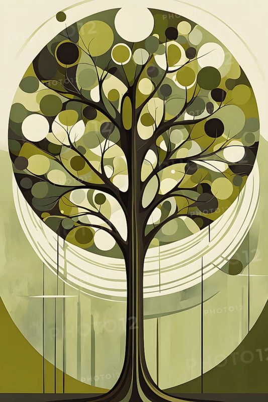 Abstract geometric tree with a circular canopy and a rectangular trunk, arranged in a clean, balanced design with a limited color palette of olive green, deep brown, and ivory, AI generated