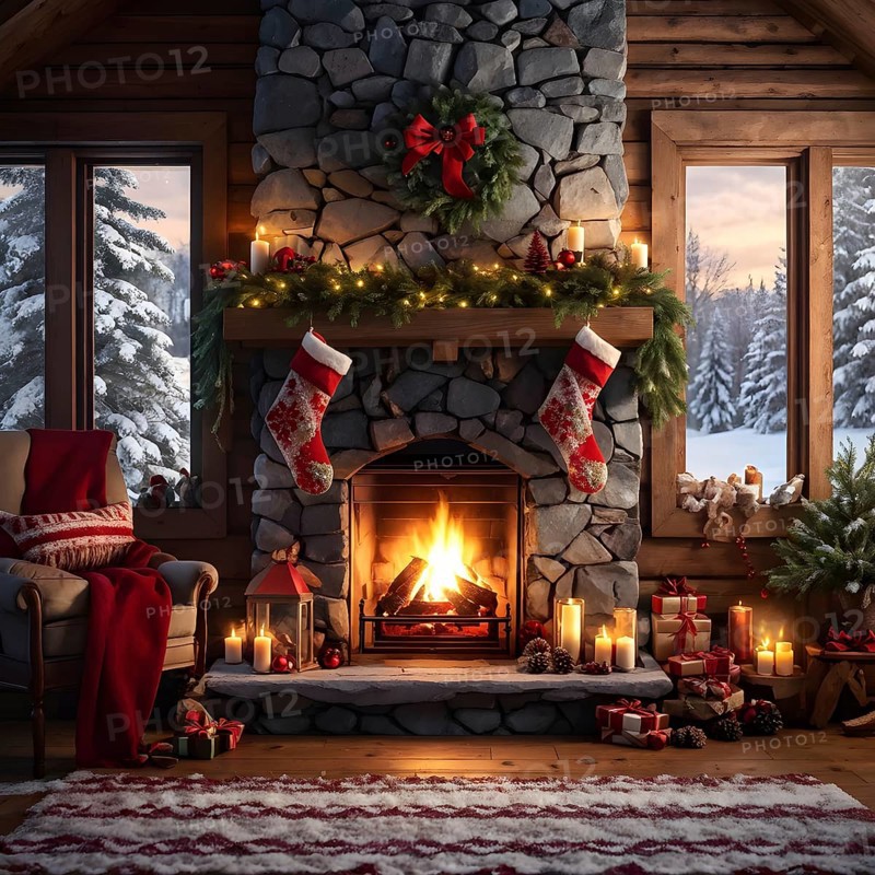 Traditional stone fireplace decorated for Christmas, with garlands, stockings, and candles, set in a cozy, snow-draped winter cabin, AI generated