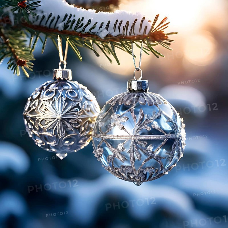 Set of Christmas ornaments hanging on a snow-covered pine tree branch, with frost clinging to the delicate glass and metal surfaces, AI generated