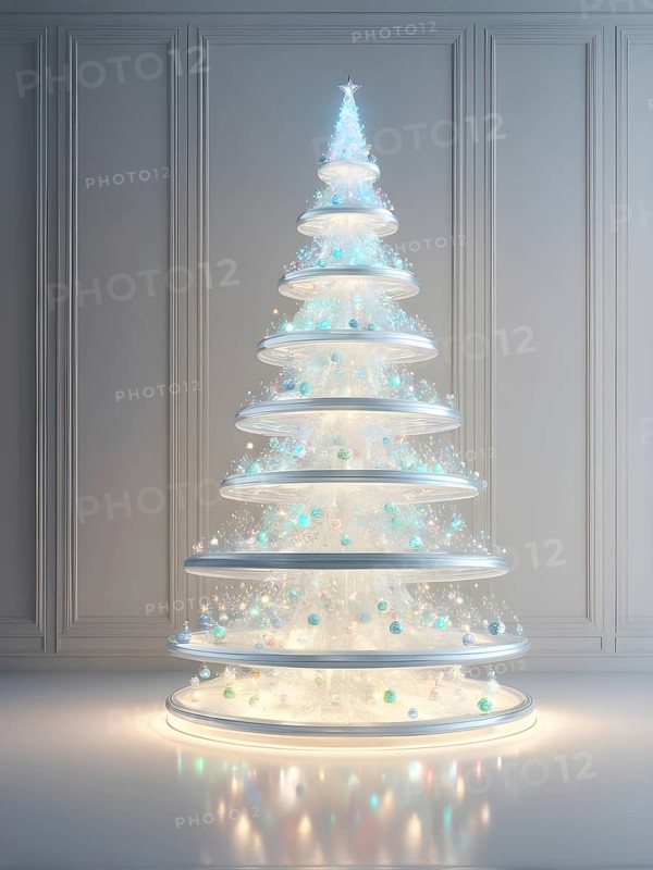 A three dimensional rendering of a futuristic Christmas tree made of glowing, semi-transparent glass, AI generated