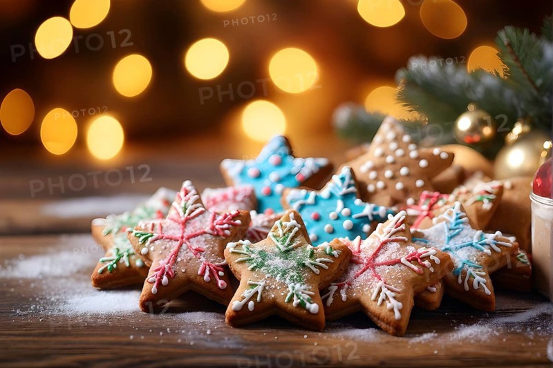 A detailed shot of Christmas cookies on a wooden table, featuring star-shaped cookies with colorful icing, sprinkles, and powdered sugar, AI generated