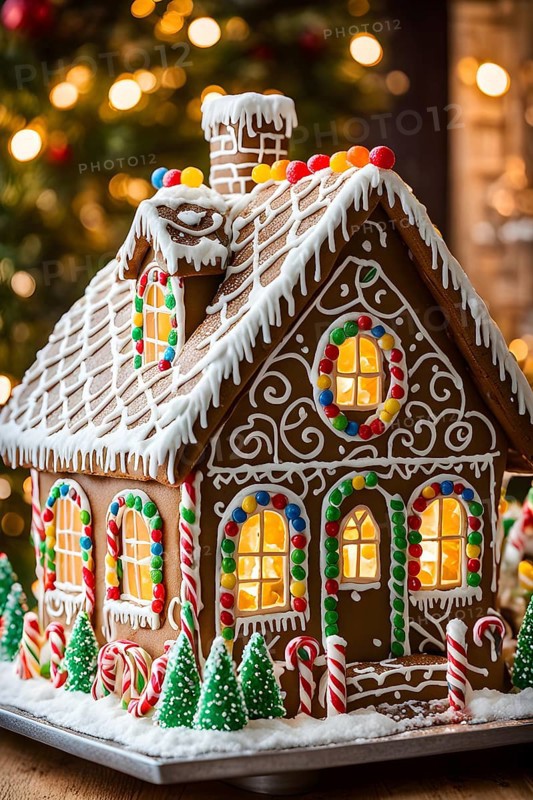 Gingerbread house decorations, focusing on the intricate icing details, colorful candy, and soft, warm light creating a cozy festive ambiance, AI generated